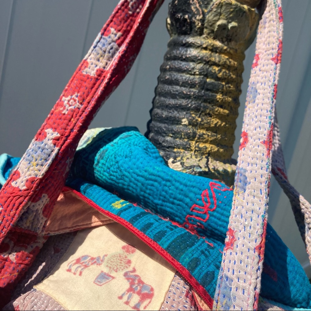 One Kings Lane OOAK boho batik red aqua blue embroidered fabric shoulder bag